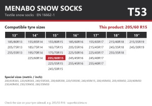 Lanturi auto textile, huse antiderapante 205/60 R15, Menabo Snow Socks, omologate, T53