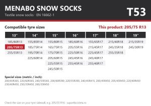 Lanturi auto textile, huse antiderapante 205/75 R13, Menabo Snow Socks, omologate, T53