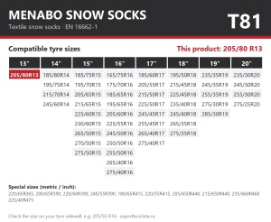 Lanturi auto textile, huse antiderapante 205/80 R13, Menabo Snow Socks, omologate, T81