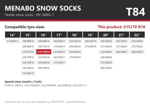 Lanturi auto textile, huse antiderapante 215/70 R16, Menabo Snow Socks, omologate, T84