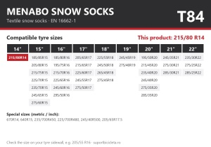 Lanturi auto textile, huse antiderapante 215/80 R14, Menabo Snow Socks, omologate, T84
