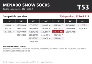 Lanturi auto textile, huse antiderapante 225/45 R17, Menabo Snow Socks, omologate, T53