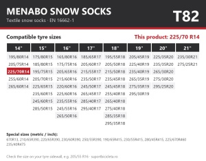 Lanturi auto textile, huse antiderapante 225/70 R14, Menabo Snow Socks, omologate, T82
