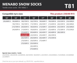 Lanturi auto textile, huse antiderapante 230/60 R15, Menabo Snow Socks, omologate, T81