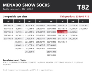 Lanturi auto textile, huse antiderapante 235/40 R19, Menabo Snow Socks, omologate, T82