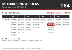 Lanturi auto textile, huse antiderapante 235/40 R20, Menabo Snow Socks, omologate, T84