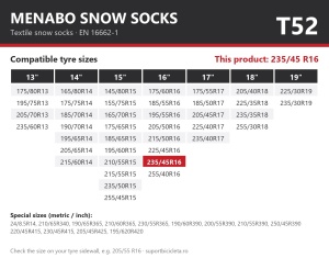 Lanturi auto textile, huse antiderapante 235/45 R16, Menabo Snow Socks, omologate, T52