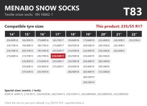 Lanturi auto textile, huse antiderapante 235/55 R17, Menabo Snow Socks, omologate, T83