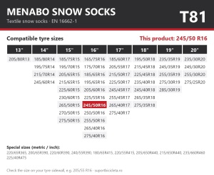 Lanturi auto textile, huse antiderapante 245/50 R16, Menabo Snow Socks, omologate, T81