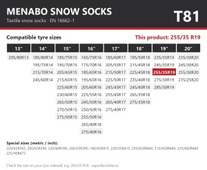 Lanturi auto textile, huse antiderapante 255/35 R19, Menabo Snow Socks, omologate, T81