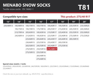 Lanturi auto textile, huse antiderapante 275/40 R17, Menabo Snow Socks, omologate, T81