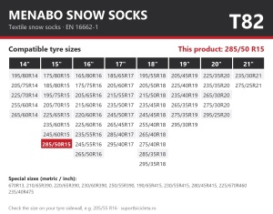 Lanturi auto textile, huse antiderapante 285/50 R15, Menabo Snow Socks, omologate, T82
