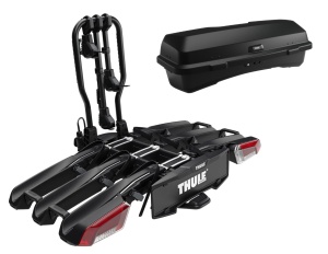 Bike rack Thule EasyFold 3 for 3 bikes + roof box Thule Santu tow-bar mounted
