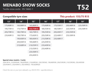 Lanturi auto textile, huse antiderapante 155/75 R15, Menabo Snow Socks, omologate, T52