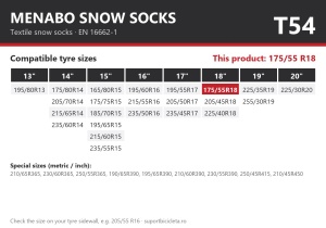 Lanturi auto textile, huse antiderapante 175/55 R18, Menabo Snow Socks, omologate, T54