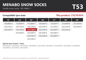 Lanturi auto textile, huse antiderapante 175/70 R15, Menabo Snow Socks, omologate, T53