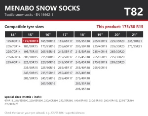 Lanturi auto textile, huse antiderapante 175/80 R15, Menabo Snow Socks, omologate, T82