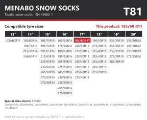 Lanturi auto textile, huse antiderapante 185/60 R17, Menabo Snow Socks, omologate, T81