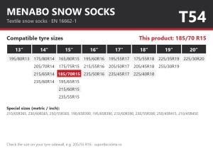 Lanturi auto textile, huse antiderapante 185/70 R15, Menabo Snow Socks, omologate, T54