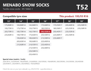 Lanturi auto textile, huse antiderapante 195/55 R16, Menabo Snow Socks, omologate, T52