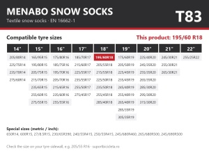 Lanturi auto textile, huse antiderapante 195/60 R18, Menabo Snow Socks, omologate, T83