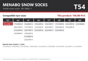 Lanturi auto textile, huse antiderapante 195/80 R13, Menabo Snow Socks, omologate, T54