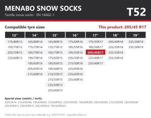 Lanturi auto textile, huse antiderapante 205/45 R17, Menabo Snow Socks, omologate, T52