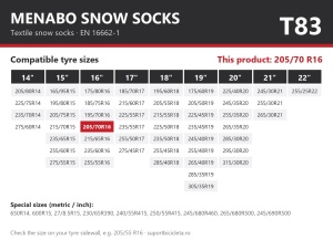 Lanturi auto textile, huse antiderapante 205/70 R16, Menabo Snow Socks, omologate, T83