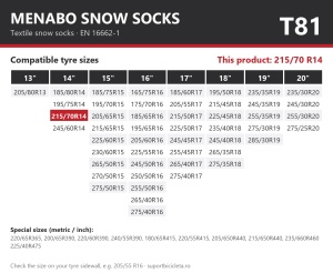 Lanturi auto textile, huse antiderapante 215/70 R14, Menabo Snow Socks, omologate, T81