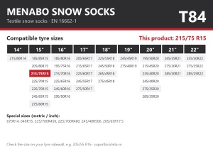 Lanturi auto textile, huse antiderapante 215/75 R15, Menabo Snow Socks, omologate, T84