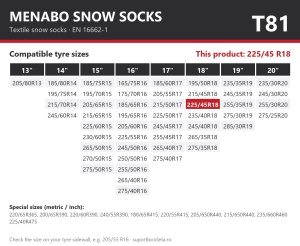 Lanturi auto textile, huse antiderapante 225/45 R18, Menabo Snow Socks, omologate, T81