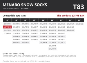 Lanturi auto textile, huse antiderapante 225/75 R14, Menabo Snow Socks, omologate, T83