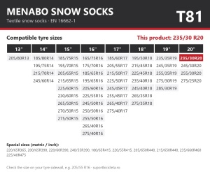 Lanturi auto textile, huse antiderapante 235/30 R20, Menabo Snow Socks, omologate, T81