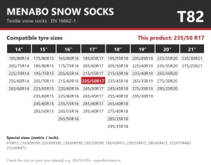 Lanturi auto textile, huse antiderapante 235/50 R17, Menabo Snow Socks, omologate, T82