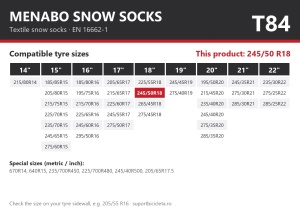 Lanturi auto textile, huse antiderapante 245/50 R18, Menabo Snow Socks, omologate, T84