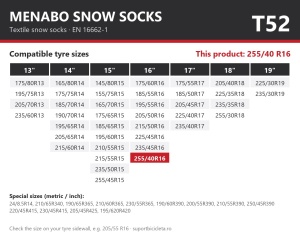 Lanturi auto textile, huse antiderapante 255/40 R16, Menabo Snow Socks, omologate, T52