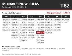 Lanturi auto textile, huse antiderapante 255/40 R18, Menabo Snow Socks, omologate, T82
