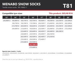 Lanturi auto textile, huse antiderapante 265/40 R16, Menabo Snow Socks, omologate, T81