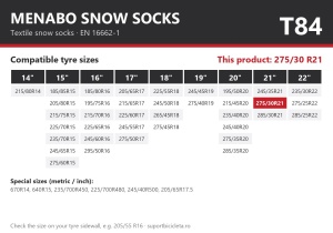 Lanturi auto textile, huse antiderapante 275/30 R21, Menabo Snow Socks, omologate, T84