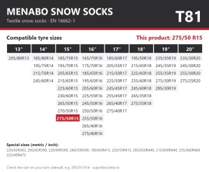 Lanturi auto textile, huse antiderapante 275/50 R15, Menabo Snow Socks, omologate, T81