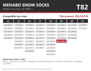 Lanturi auto textile, huse antiderapante 295/30 R19, Menabo Snow Socks, omologate, T82