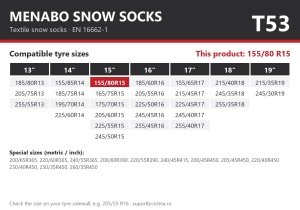 Lanturi auto textile, huse antiderapante 155/80 R15, Menabo Snow Socks, omologate, T53