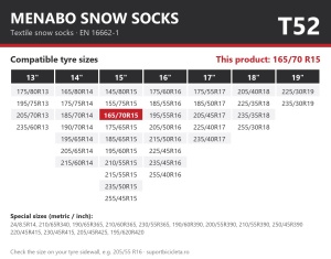 Lanturi auto textile, huse antiderapante 165/70 R15, Menabo Snow Socks, omologate, T52