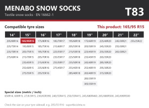 Lanturi auto textile, huse antiderapante 165/95 R15, Menabo Snow Socks, omologate, T83