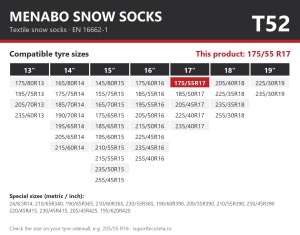 Lanturi auto textile, huse antiderapante 175/55 R17, Menabo Snow Socks, omologate, T52