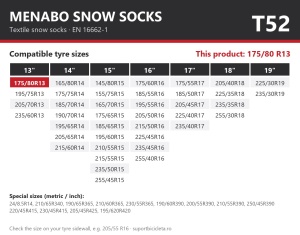 Lanturi auto textile, huse antiderapante 175/80 R13, Menabo Snow Socks, omologate, T52