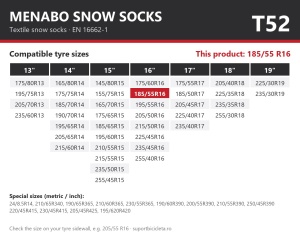 Lanturi auto textile, huse antiderapante 185/55 R16, Menabo Snow Socks, omologate, T52