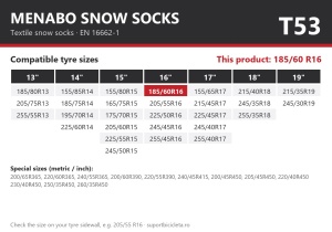 Lanturi auto textile, huse antiderapante 185/60 R16, Menabo Snow Socks, omologate, T53