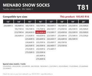 Lanturi auto textile, huse antiderapante 185/65 R16, Menabo Snow Socks, omologate, T81