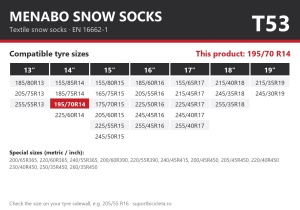 Lanturi auto textile, huse antiderapante 195/70 R14, Menabo Snow Socks, omologate, T53